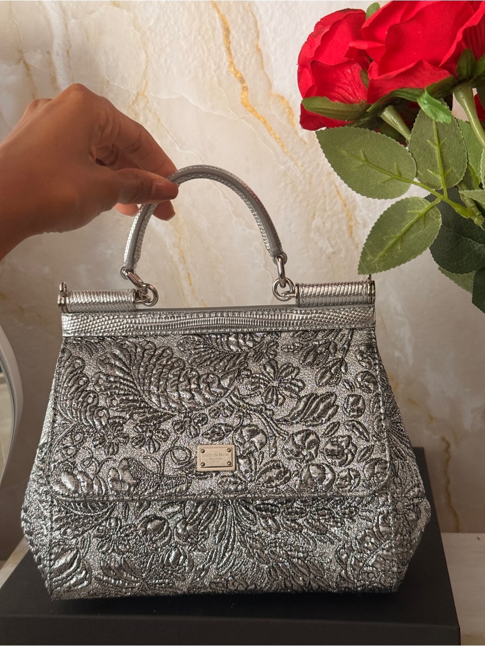 Dolce & Gabbana Silver Embossed Floral Top Handle Tote